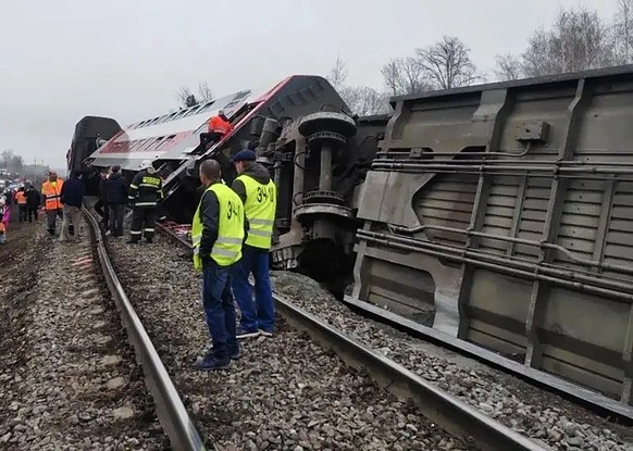 epa12867270 A handout photo made available by the Volga Region Transport Prosecutor's Office press-service shows the site where a passenger train derailment in the Ulyanovsk region, Russia, 03 Ap ...
