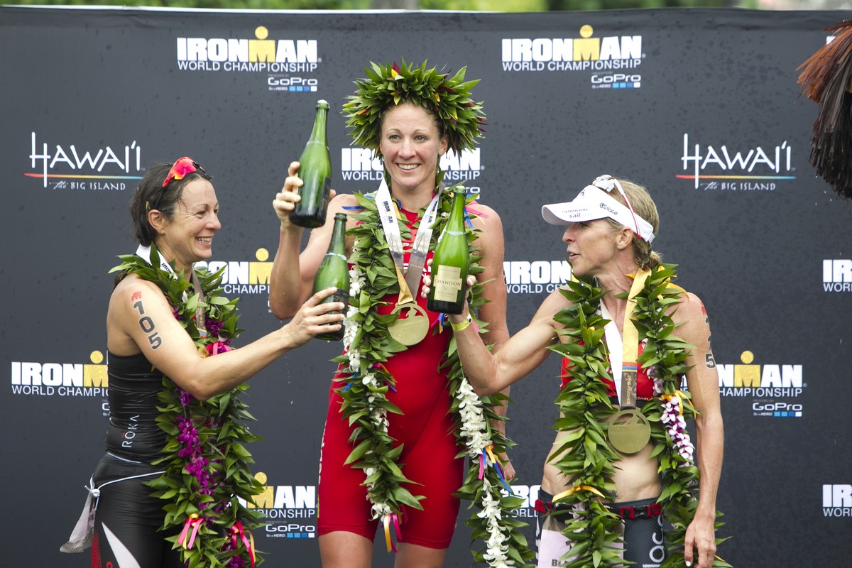 IMAGE DISTRIBUTED FOR IRONMAN - (L-R) Rachel Joyce, of England, Daniela Ryf, of Switzerland, and Liz Blatchford, of Australia, celebrate after finishing top three in the women's 2015 IRONMAN Worl ...