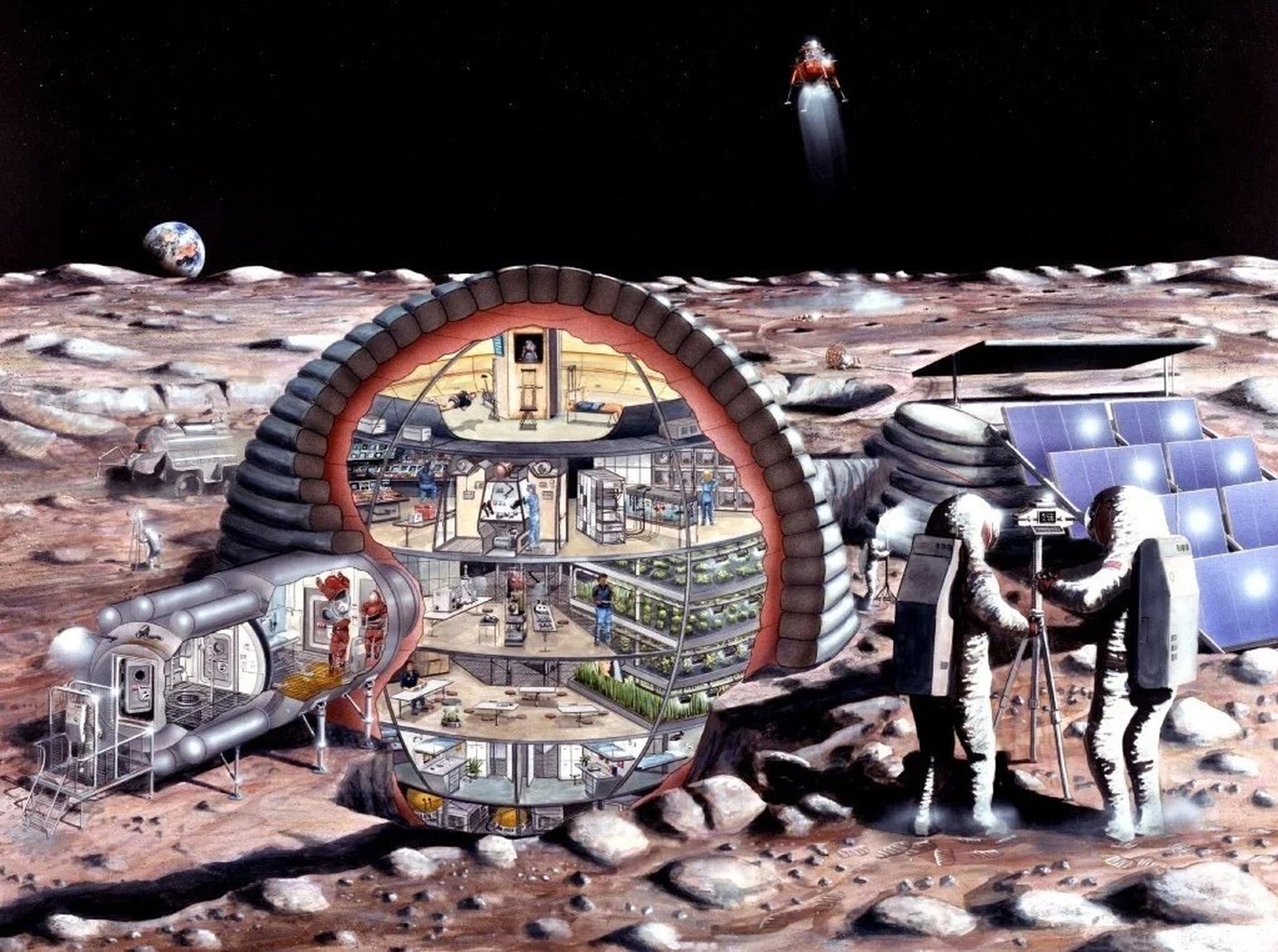 1989: A sixteen-meter diameter inflatable habitat such as the one depicted here could accommodate the needs of a dozen astronauts living and working on the surface of the Moon. Depicted are astronauts ...