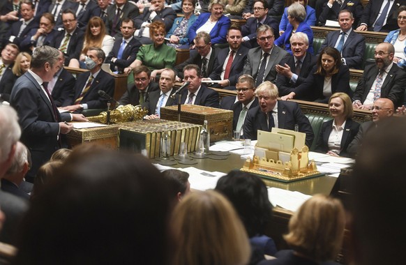 In this photo released by UK Parliament, Britain&#039;s Labour Party leader Keir Starmer speaks during Prime Minister&#039;s Questions in the House of Commons in London, Wednesday, April 20, 2022. (Je ...