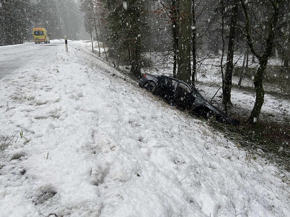 Das Auto kam von der schneebedeckten Strasse ab und kollidierte mit einem Baum.