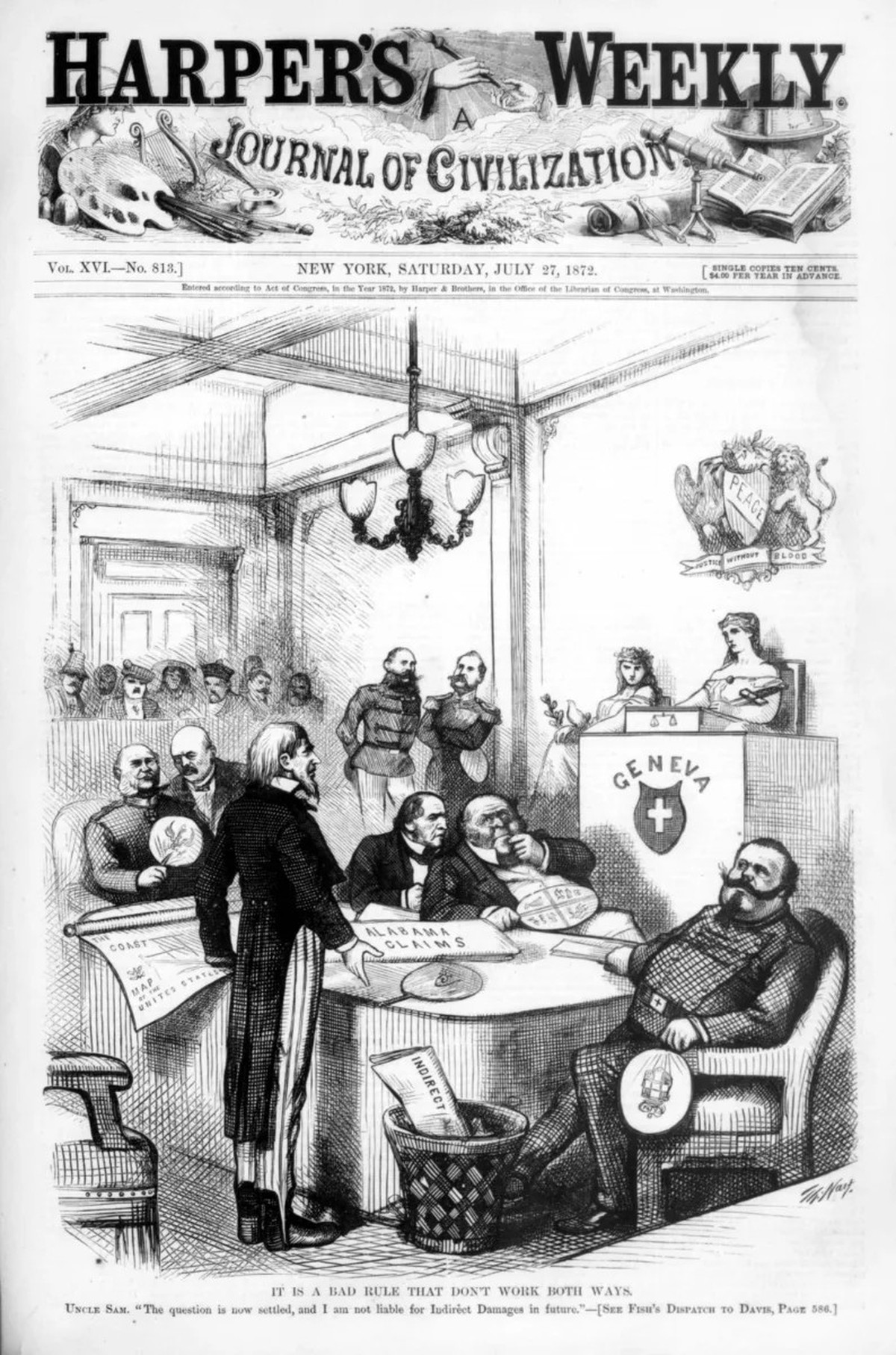 «It is a bad rule that don't work both ways». Karikatur zum Alabama-Schiedsgericht von Thomas Nast auf der Titelseite des New Yorker Harper's Weekly, Journal of Civilization, 27. Juli 1872.
 ...