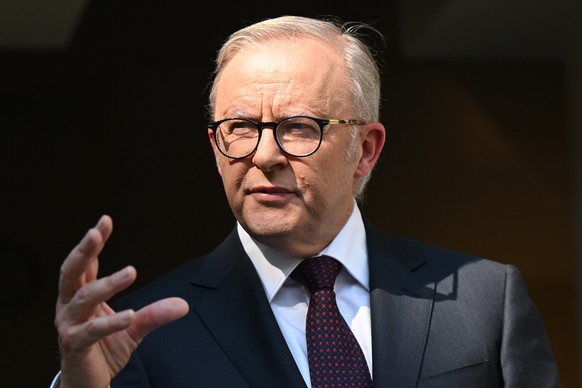 epaselect epa12635598 Australian Prime Minister Anthony Albanese speaks to the media during a press conference at Parliament House in Canberra, Australia, 08 January 2026. During the press conference, ...