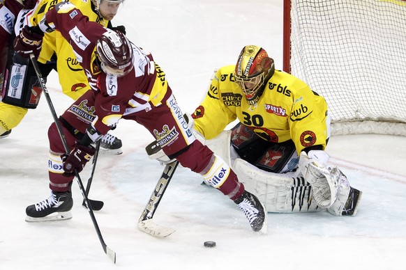 Geneve-Servette&#039;s forward Floran Douay, left, vies for the puck with Bern&#039;s goaltender Leonardo Genoni, right, past Bern&#039;s defender Justin Krueger, top, of Germany, during the fourth le ...