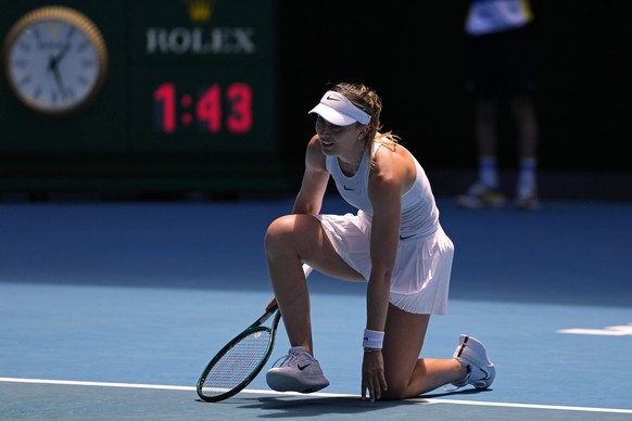 Paula Badosa of Spain celebrates after defeating Coco Gauff of the U.S. in their quarterfinal match at the Australian Open tennis championship in Melbourne, Australia, Tuesday, Jan. 21, 2025. (AP Phot ...