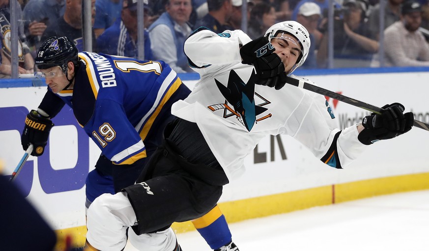 San Jose Sharks right wing Timo Meier, of Switzerland, right, falls as he collides with St. Louis Blues defenseman Jay Bouwmeester (19) during the second period in Game 4 of the NHL hockey Stanley Cup ...