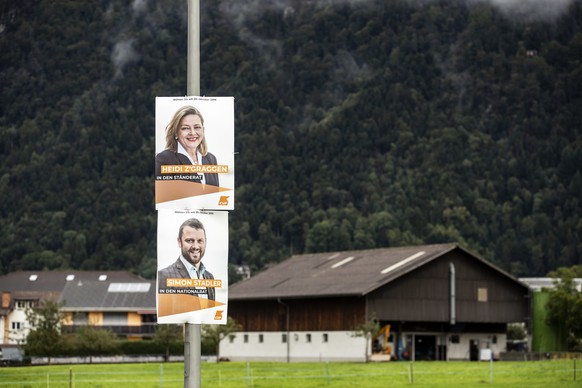 Wahlplakate der Urner Regierungsraetin und Staenderatskandidatin Heidi Z&#039;graggen und Nationalratskandidat Simon Stadler, fotografiert am Montag, 23. September 2019, in Altdorf. (KEYSTONE/Alexandr ...