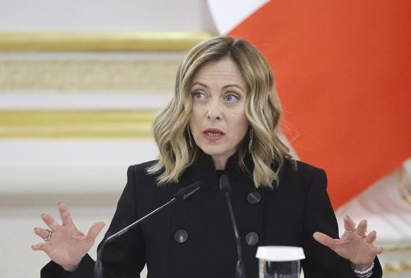 epa11178569 Italian Prime Minister Giorgia Meloni attends a joint press conference with the president of Ukraine and other high-ranking foreign guests following their meeting in Kyiv, Ukraine, 24 Febr ...