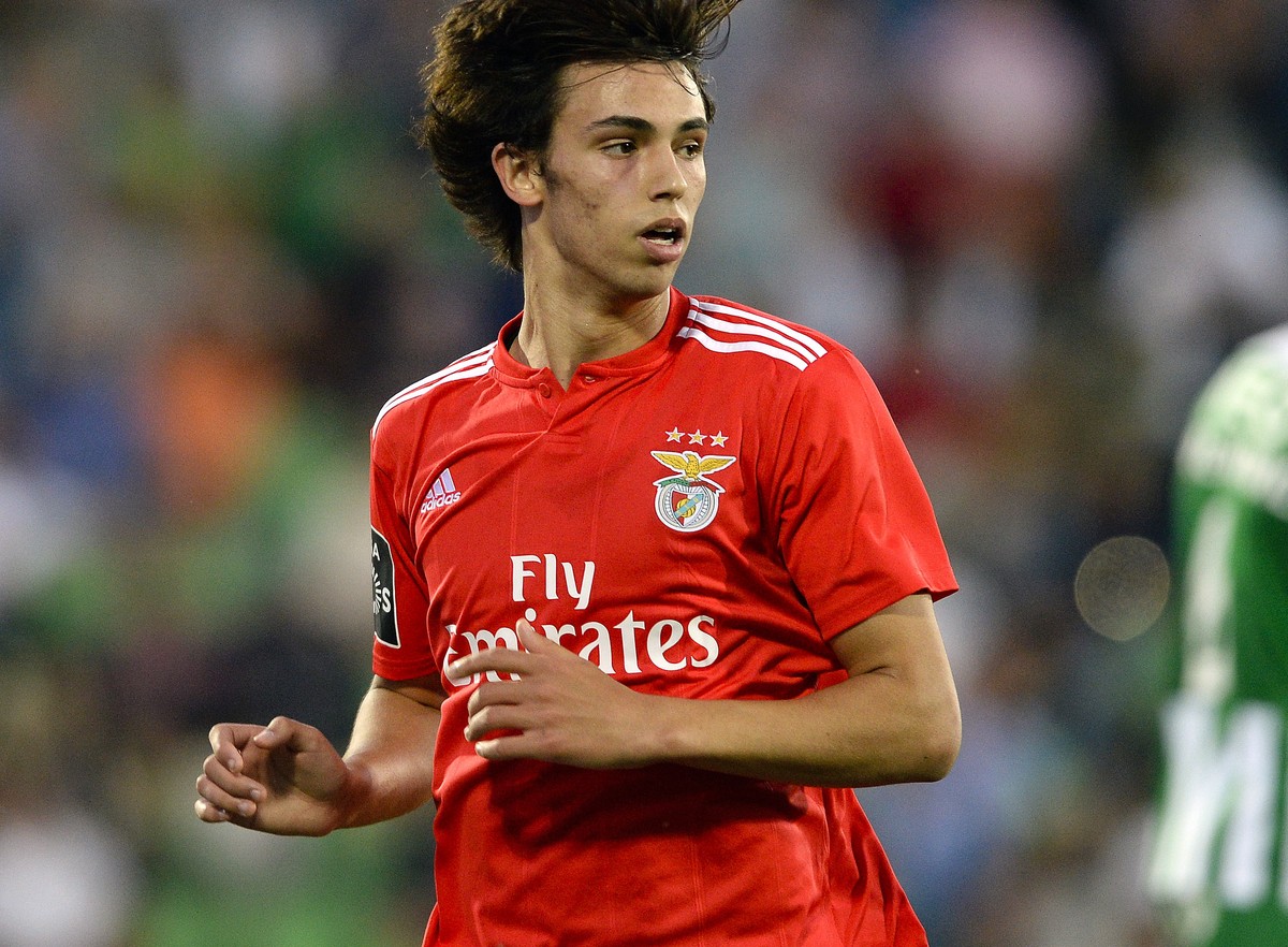 epa07565762 Benfica's player Joao Felix celebrates a goal during the Portuguese First League soccer match Rio Ave vs Benfica held at Rio Ave Futebol Clube (Arcos) Stadium, in Vila do Conde, Portu ...
