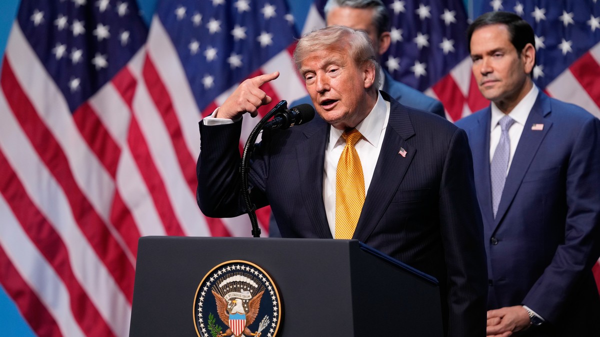 President Donald Trump speaks during a media conference at the NATO summit in Ankara, Turkey, Wednesday, July 8, 2026. (AP Photo/Emrah Gurel)
Donald Trump
