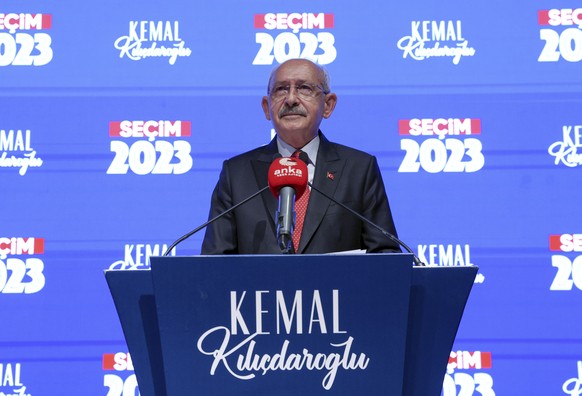 Turkey&#039;s main opposition Republican People&#039;s Party, CHP, leader and Nation Alliance&#039;s presidential candidate Kemal Kilicdaroglu speaks at CHP headquarters, in Ankara, Turkey, late Sunda ...