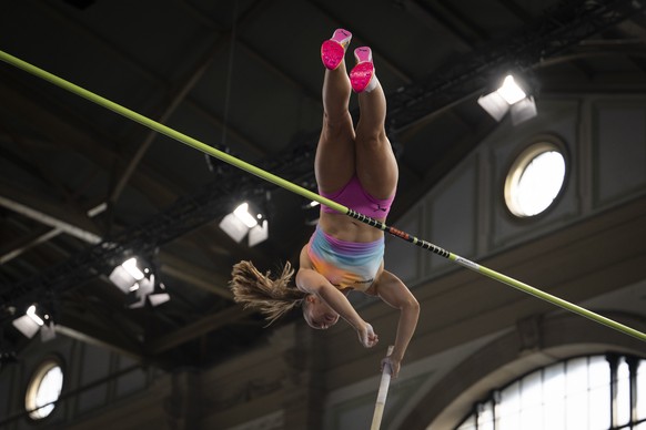 epa13193082 Angelica Moser of Switzerland competes in the women's pole vault event inside Zurich's main railway station at the IAAF Diamond League Athletics meeting Weltklasse Zurich, in Zur ...