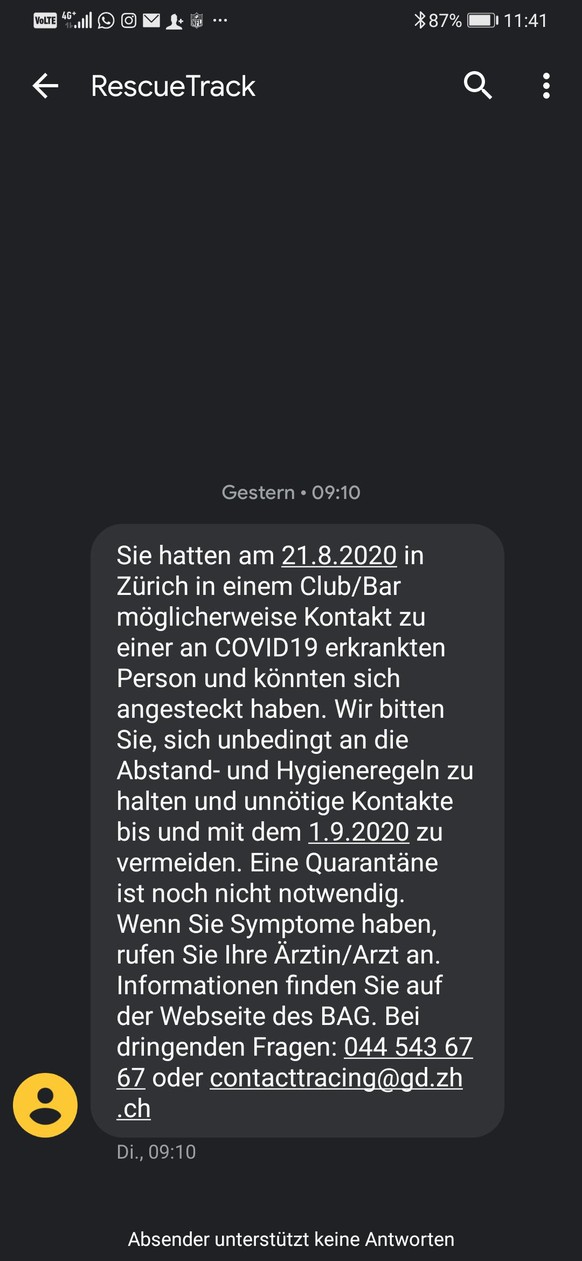 In der Benachrichtigung wird der Name des Lokals nicht erwähnt.