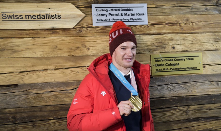 Gold medal, Dario Cologna of Switzerland celebrates at the House of Switzerland after the men Cross-Country Skiing 15 km free race during the XXIII Winter Olympics 2018 in Pyeongchang, South Korea, on ...