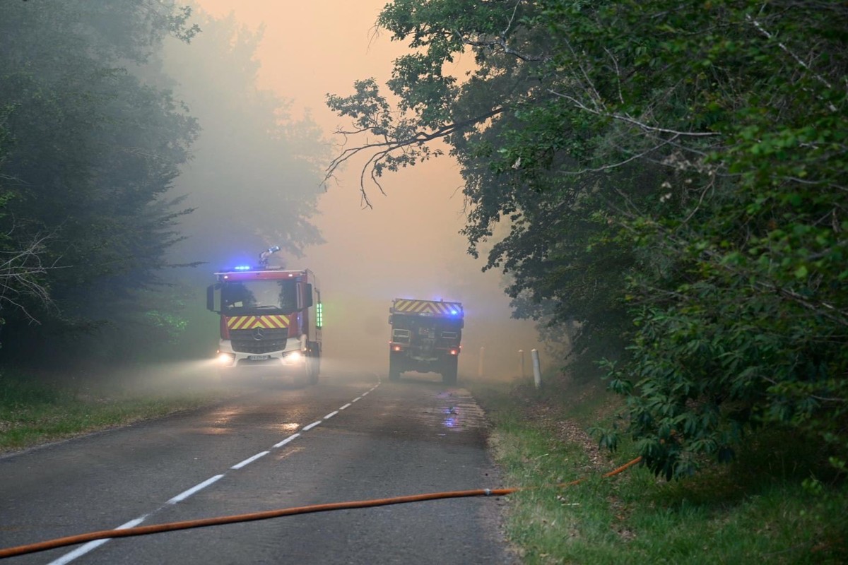 epa13107927 A handout photo made available by the Seine-et-Marne Fire and Rescue Service (SDIS 77) shows firefighters battling a fire in Fontainebleau Forest in Noisy-sur-Ecole, France, 12 July 2026 ( ...