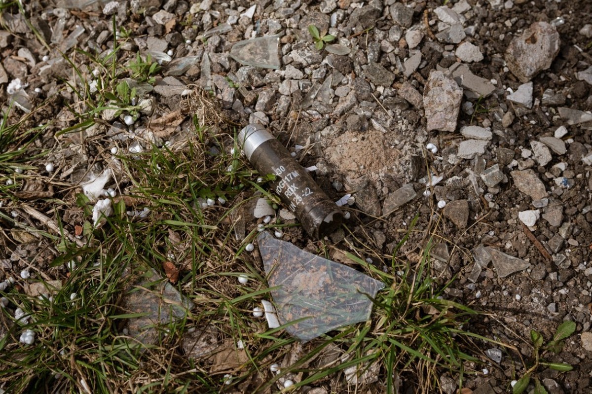 AVDIIVKA, UKRAINE - MARCH 23: Cluster bomb capluse is seen on the ground amid Russia-Ukraine war at the frontline city of Avdiivka, Ukraine on March 23, 2023. Around 2000 people are left in the town a ...