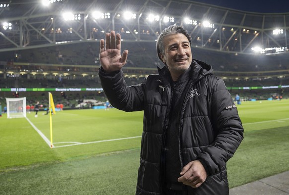 Switzerland&#039;s head coach Murat Yakin gestures ahead of the international friendly soccer match between Ireland and Switzerland at the Aviva Stadium in Dublin, Ireland, Tuesday, March 26, 2024. (K ...