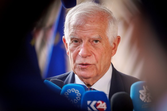 epa11491127 EU High Representative for Foreign Affairs and Security Policy Josep Borrell speaks to the media at the beginning of European Foreign Affairs Council in Brussels, Belgium, 22 July 2024. EU ...