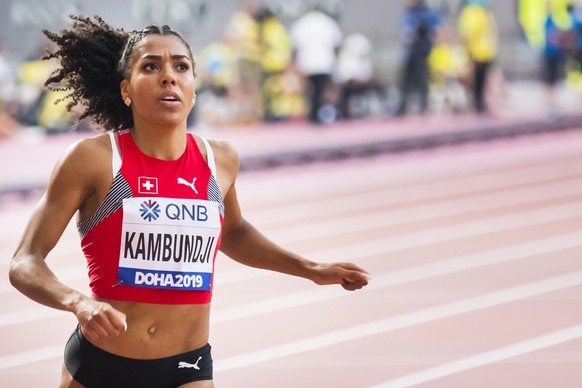 Mujinga Kambundji from Switzerland in action during the women&#039;s 100 meters qualification round at the IAAF World Athletics Championships, at the Khalifa International Stadium, in Doha, Qatar, Sat ...