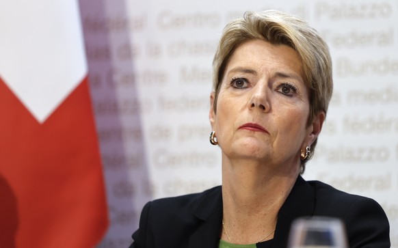 Swiss Federal President Karin Keller-Sutter listens to a journalist&#039;s question during a press conference on the new import tariffs into the US, Thursday, April 3, 2025, in Bern, Switzerland. US P ...