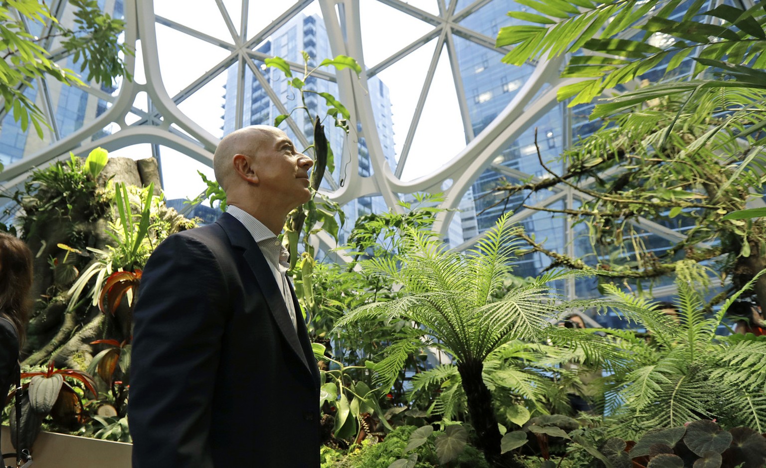 Jeff Bezos, the CEO and founder of Amazon.com, takes a walking tour of the Amazon Spheres, three plant-filed geodesic domes that serve as a work- and gathering place for Amazon employees, following a  ...