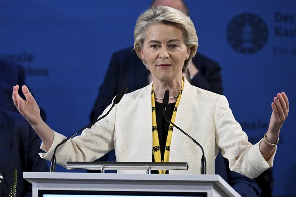 President of the European Commission Ursula von der Leyen speaks after receiving the International Charlemagne Prize in City Hall of Aachen, Germany, Thursday May 29, 2025. (Federico Gambarini/DPA via ...