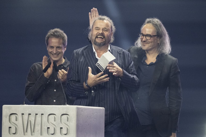 The Band Patent Ochsner thanks for winning the, Best Live Act, during the award ceremony of the Swiss Music Awards in Zuerich, Switzerland, May 8, 2024. (KEYSTONE/Urs Flueeler)