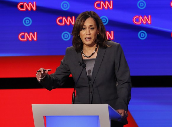 In this July 31, 2019, photo, Sen. Kamala Harris, D-Calif., participates in the second of two Democratic presidential primary debates hosted by CNN in Detroit. (AP Photo/Paul Sancya)