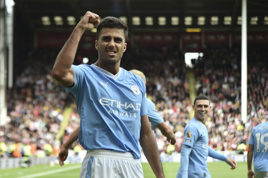 Manchester City&#039;s Rodrigo celebrates after scoring his side&#039;s second goal during the English Premier League soccer match between Sheffield United and Manchester City at Bramall Lane in Sheff ...