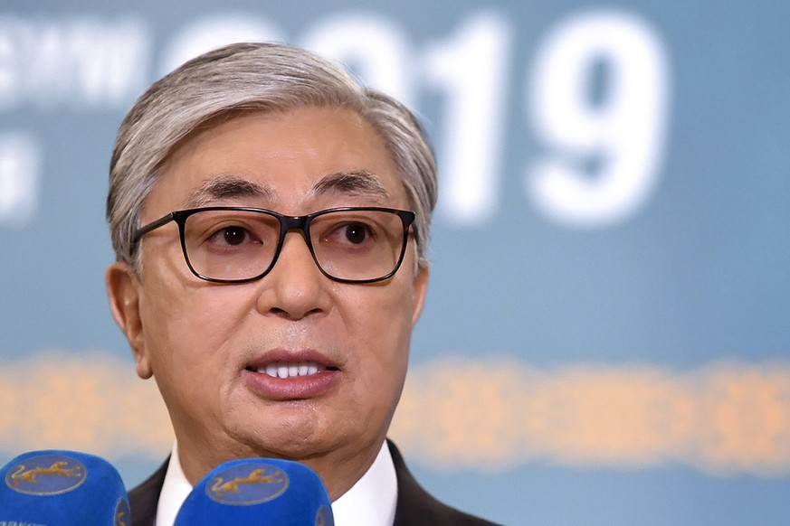 Kazakhstan&#039;s acting President Kassym-Jomart Tokayev speaks to the media at a polling station during the presidential elections in Nur-Sultan, the capital city of Kazakhstan, Sunday, June 9, 2019. ...