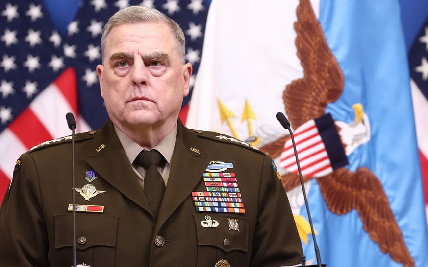 epa10466831 Chair of the US Joint Chiefs of Staff General Mark Milley (R) attend a press conference at the end of the meeting of the Ukraine Defense Contact Group as part of a NATO Council of Defense  ...