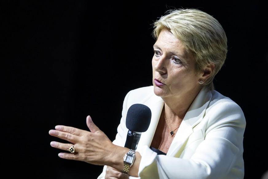 Swiss Finance Minister Karin Keller-Sutter speaks on stage during the Finance Forum Zurich on Tuesday, September 22, 2026 in Zurich, Switzerland. (KEYSTONE/Michael Buholzer)