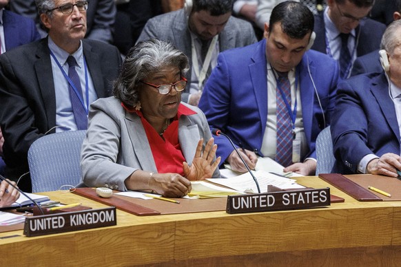 epa11242950 United States Ambassador Linda Thomas-Greenfield speaks after a resolution calling for an immediate ceasefire in Gaza was passed during a United Nations Security Council meeting at the Uni ...