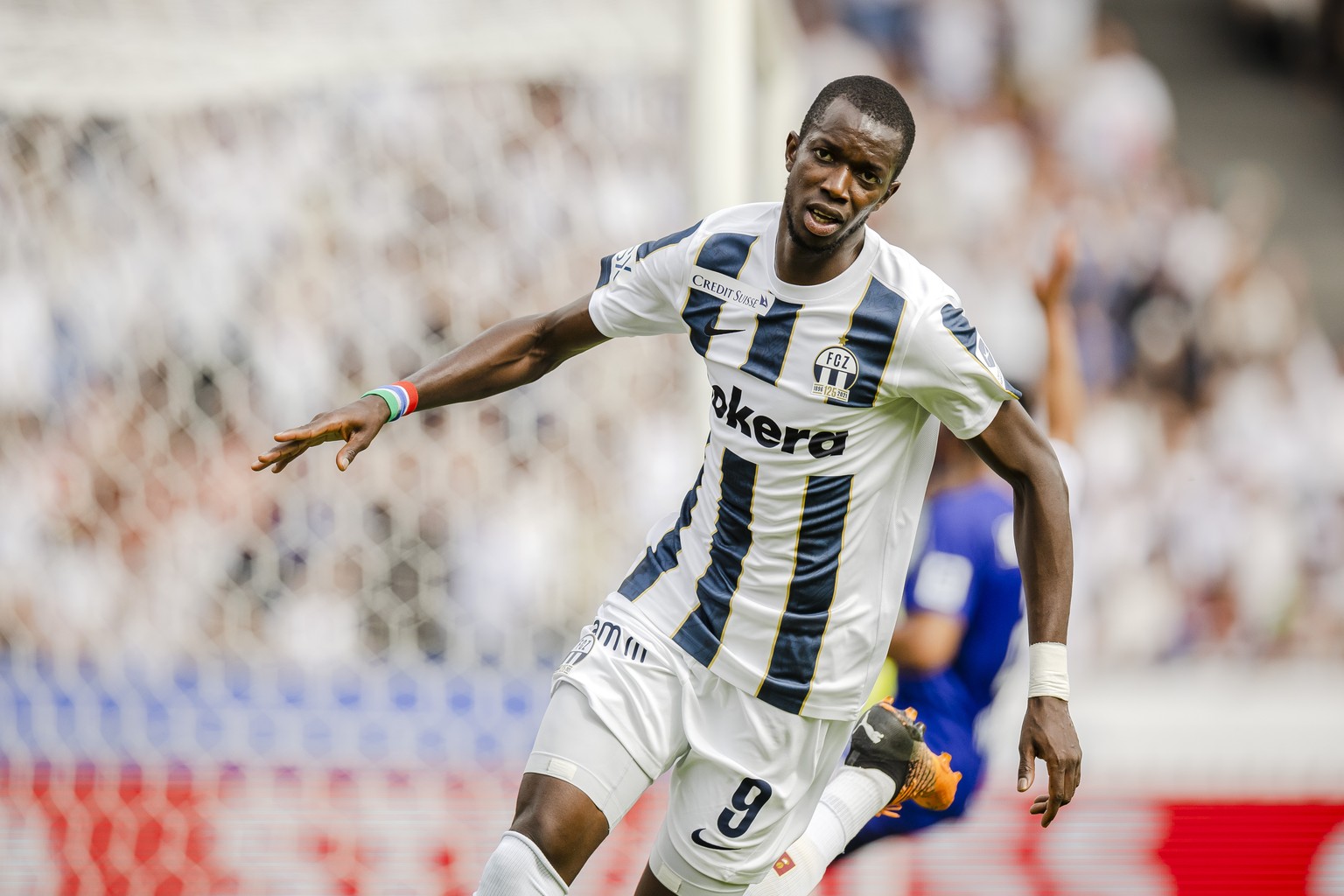 FC Zuerichs Assan Ceesay jubelt nach seinem Tor im Fussball Meisterschaftsspiel der Super League zwischen dem FC Zuerich und dem FC Luzern, am Sonntag, 22. Mai 2022 im Letzigrund Stadion in Zuerich. ( ...