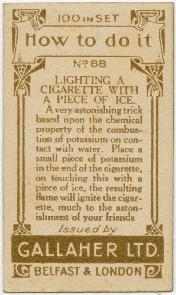Gallaher-Lifehacks: Wie man mit Eis eine Zigarette anzündet
https://digitalcollections.nypl.org/items/510d47e4-7ac8-a3d9-e040-e00a18064a99