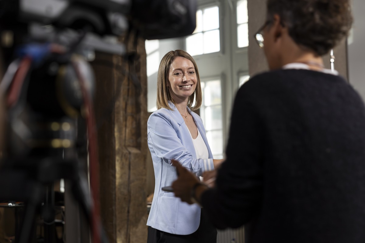 Johanna Gapany, Parti liberal-radical (PLR), candidate au Conseil des Etats (CE), lors des elections federales du Conseil national et du Conseil des Etats le dimanche 22 octobre 2023 a Fribourg. Les c ...