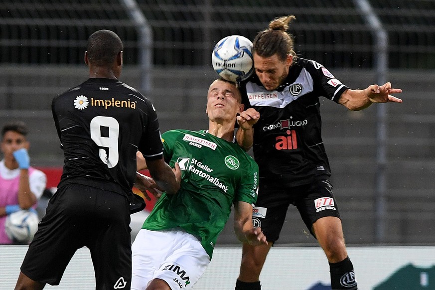 From left Lugano&#039;s player Rangelo Janga, St.Galler&#039;s player Cedric Itten and Lugano&#039;s player Numa Lavanchy, during the Super League soccer match FC Lugano against FC St. Gallen, at the  ...