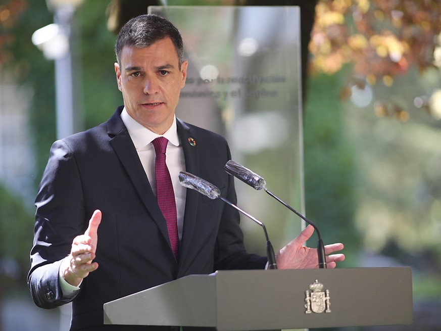 Pedro Sánchez, Ministerpräsident von Spanien, hält bei der Unterzeichnung des Paktes für die Wiederbelebung der Wirtschaft eine Rede. Foto: Eduardo Parra/EUROPA PRESS/dpa