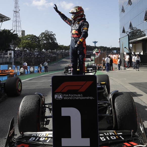 Red Bull driver Max Verstappen of the Netherlands celebrates finishing first in the Brazilian Formula One Grand Prix at the Interlagos race track in Sao Paulo, Brazil, Sunday, Nov. 5, 2023. (AP Photo/ ...