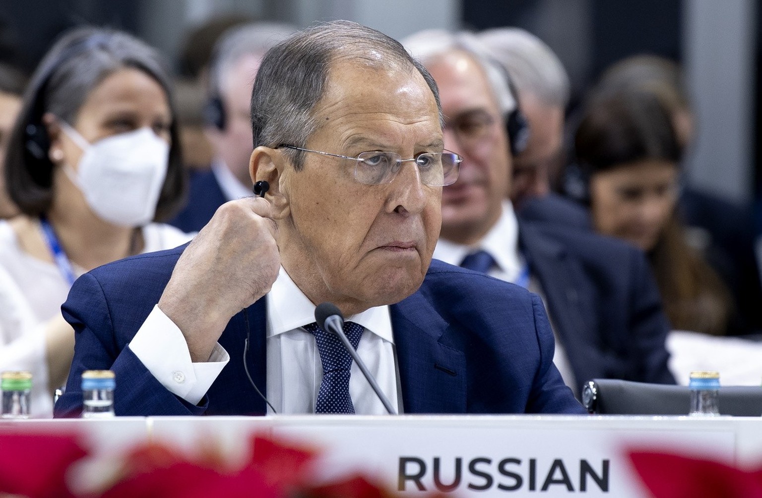 epa11003183 Russian Foreign Minister Sergei Lavrov attends the 30th OSCE Ministerial Meeting in Skopje, Republic of North Macedonia, 30 November 2023. The Ministerial Council meets once a year towards ...