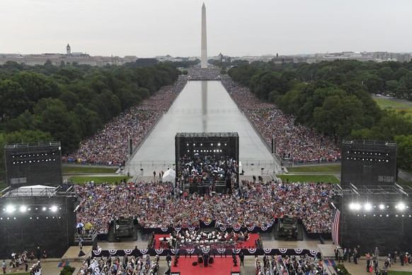 President Donald Trump speaks during an Independence Day celebration in front of the Lincoln Memorial in Washington, Thursday, July 4, 2019. The Washington Monument and the reflecting pool are in the  ...