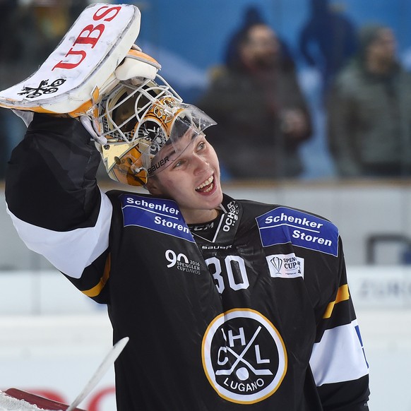 Luganos goalkeeper Elvis Merzlikins during the game between Switzerlands HC Lugano and Switzerlands HC Davos at the 90th Spengler Cup ice hockey tournament in Davos, Switzerland, Friday, December 30,  ...