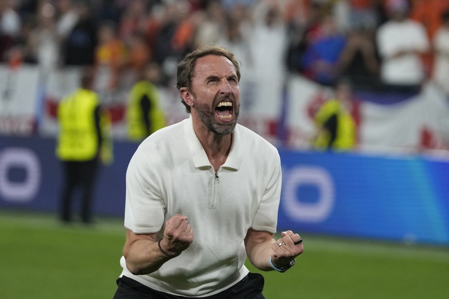 England&#039;s manager Gareth Southgate celebrates at the end of a semifinal against Netherlands at the Euro 2024 soccer tournament in Dortmund, Germany, Wednesday, July 10, 2024. England won the game ...