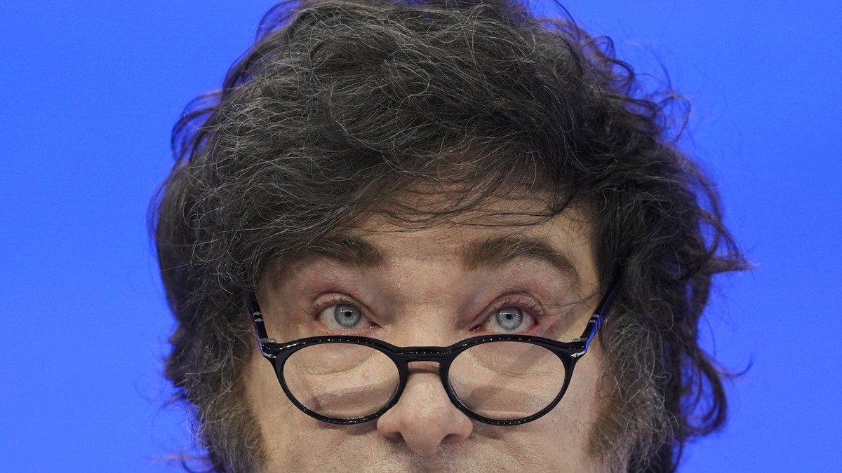 Argentina's President Javier Milei delivers his speech at the Annual Meeting of World Economic Forum in Davos, Switzerland, Thursday, Jan. 23, 2025. (AP Photo/Markus Schreiber)