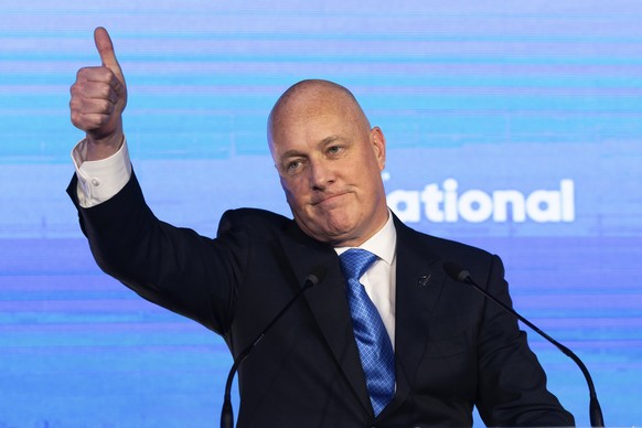 New Zealand National Party leader and Prime Minister-elect Christopher Luxon gestures to supporters at a party event in Auckland, Saturday, October 2019. October 14, 2023, after the general election.  (AP Photo/Brett...