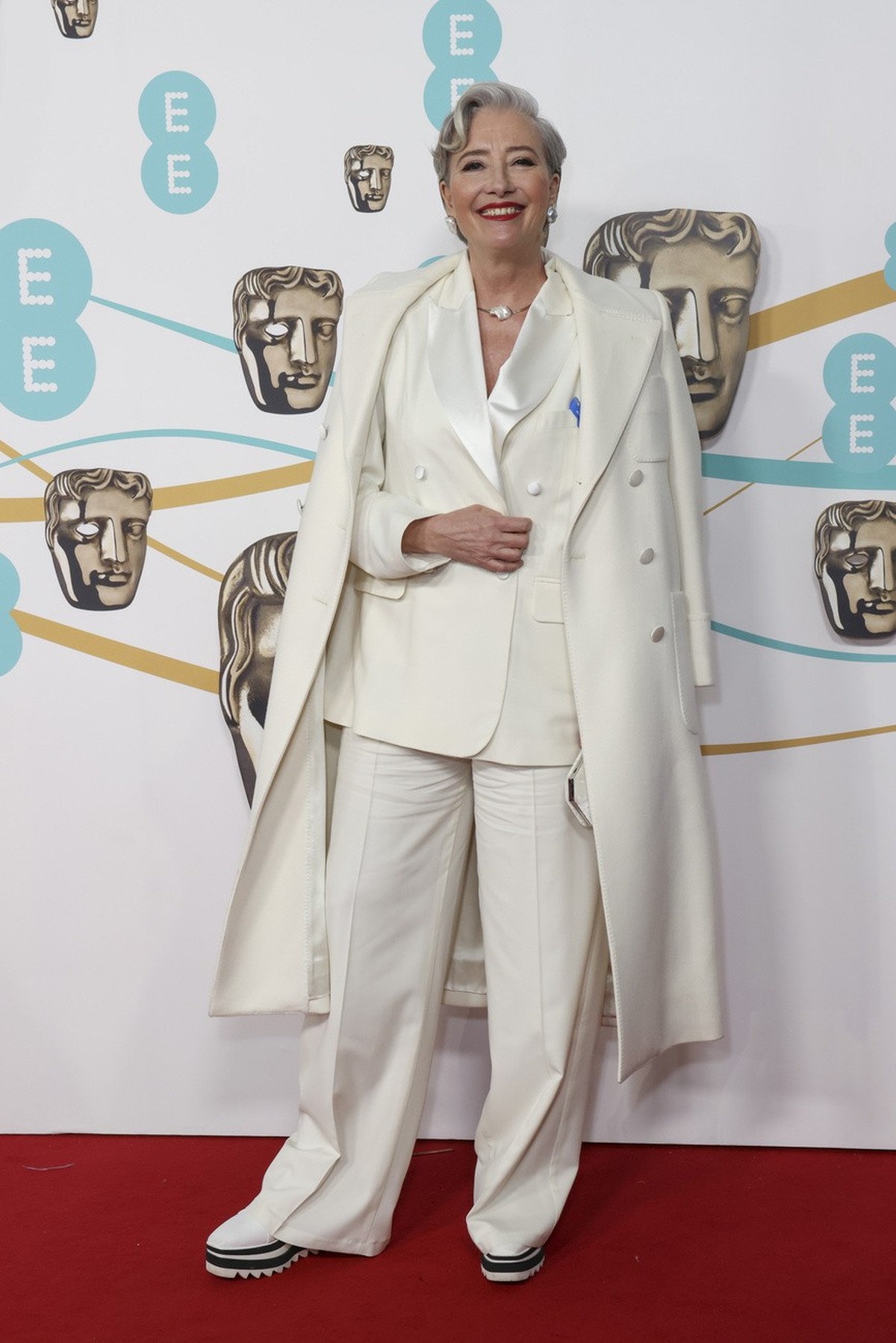 Emma Thompson poses for photographers upon arrival at the 76th British Academy Film Awards, BAFTA's, in London, Sunday, Feb. 19, 2023. (Photo by Vianney Le Caer/Invision/AP)