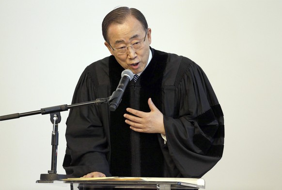 United Nations Secretary-General Ban Ki-moon speaks after receiving an honorary Doctor of Humane Letters degree from Loyola Marymount University in Los Angeles Wednesday, April 6, 2016. The university ...