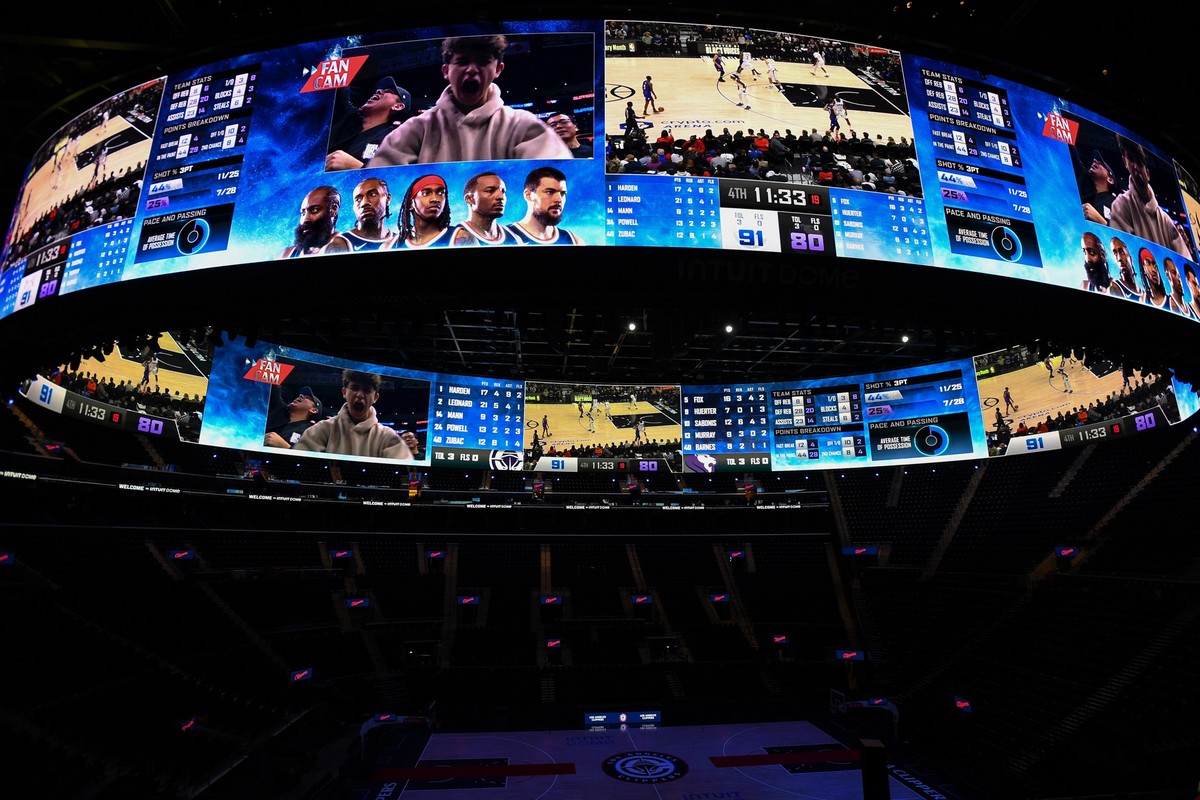 INGLEWOOD, CA - JULY 19: A view of Halo Board and court inside the Intuit Dome, the Los Angeles Clippers new arena, during a press preview on July 19, 2024 in Los Angeles, California. (Photo by Brian  ...