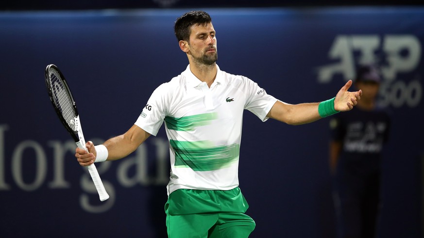 epa09781540 Novak Djokovic of Serbia reacts during his quarter final match against Jiri Vesely of the Czech Republic at the Dubai Duty Free Tennis ATP Championships 2022 in Dubai, United Arab Emirates ...