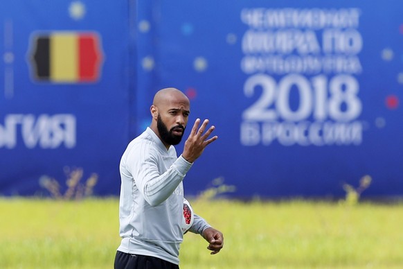 Belgium first assistant coach Thierry Henry gives instructions during Belgium&#039;s official training at the 2018 soccer World Cup, the day before the quarter final World Cup soccer match between Bel ...